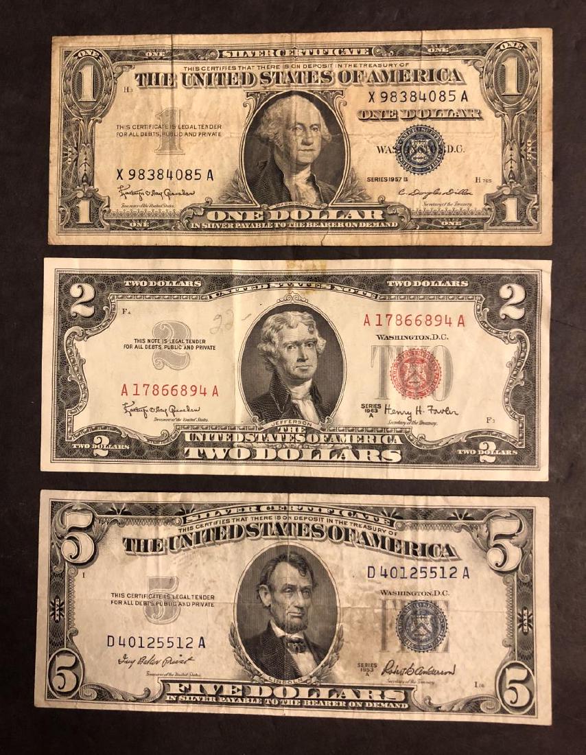 Trio of Notes $1 $5 Silver Certificate $2 Red Seal (1 of 2)