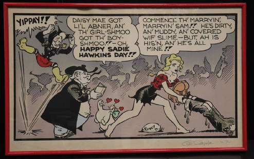 Signed Al Capp Li'l Abner Happy Sadie Hawkins Day: Framed Al Capp Signed 1974 Limited Edition (238/250) Serigraph “Happy Sadie Hawkins Day!!”, a Scene from His Internationally Famous “Li’l Abner” Comic Strip. Size: 40" x 25".