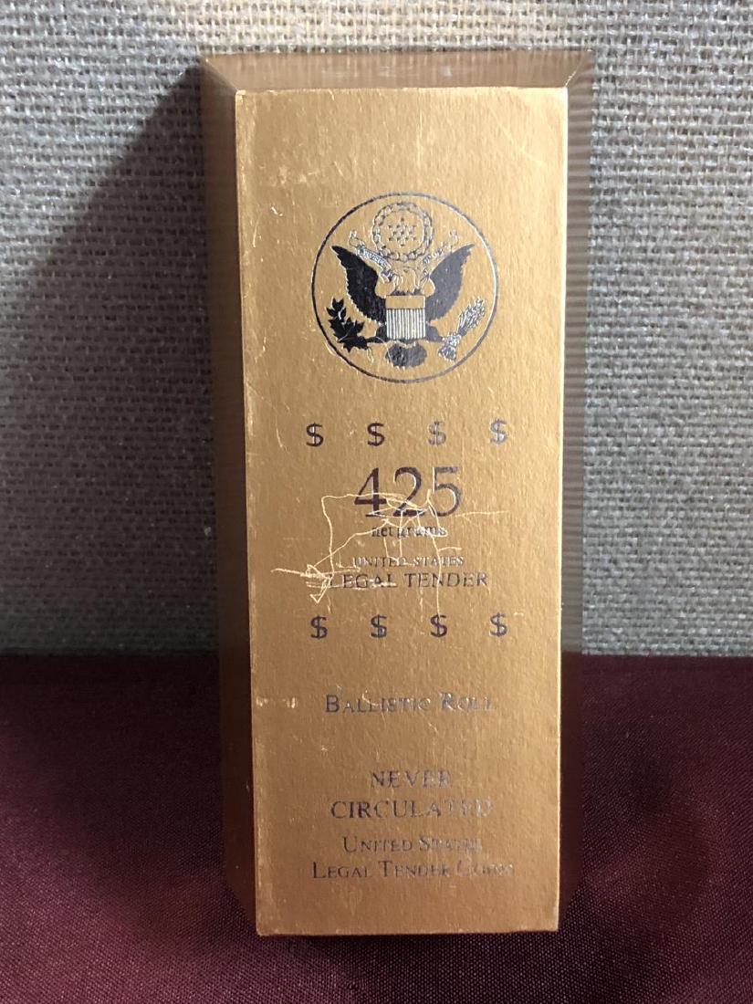 Jefferson $1 Ballistic Roll in Gold Bar Gift Box: Jefferson $1 Ballistic Roll in Gold Bar Gift Box. There are 50 Brilliant Uncirculated Thomas Jefferson Presidential dollars in this gift box shaped like a gold bar.