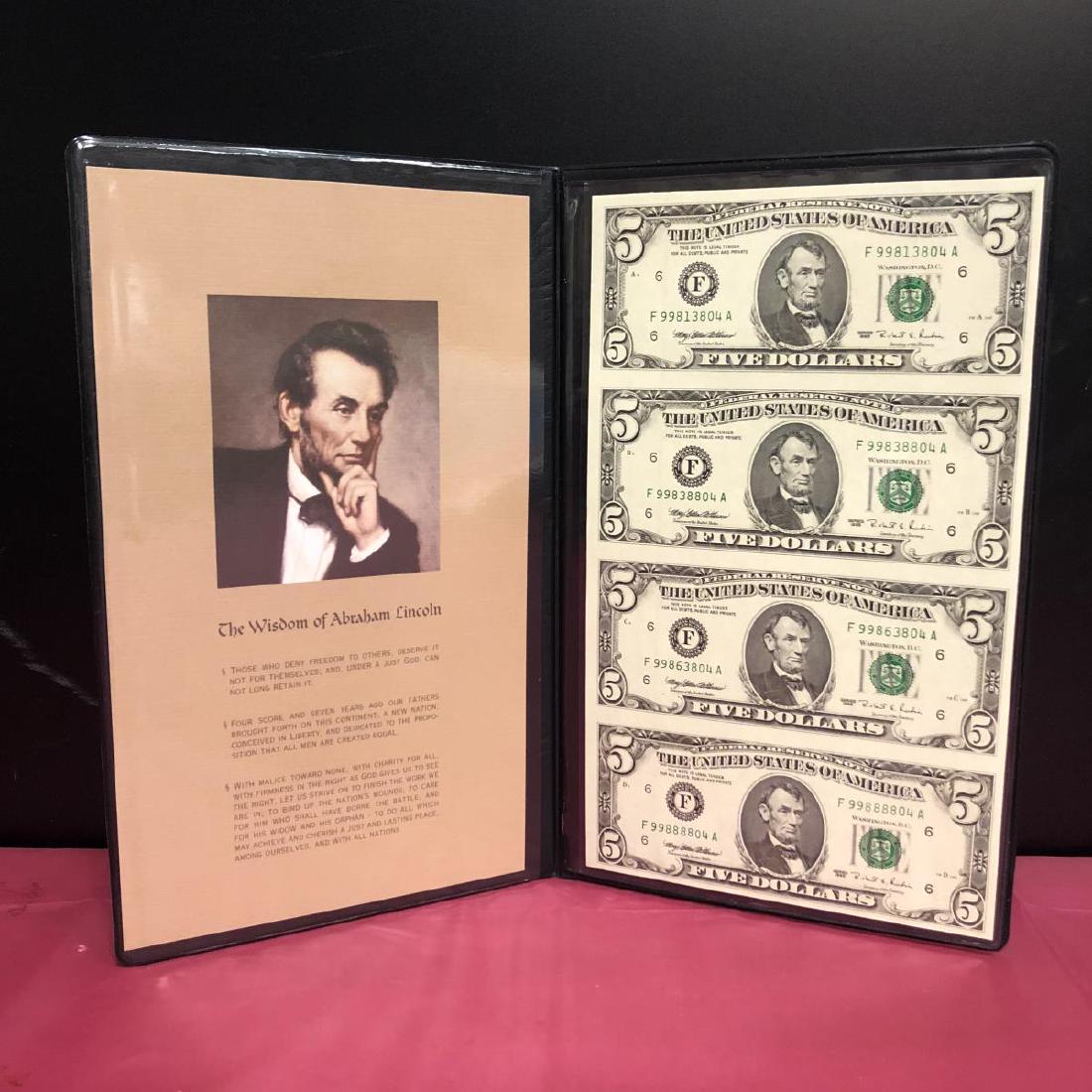 1995 $5 Uncut Sheet of 4 Currency Notes in Folio (1 of 3)