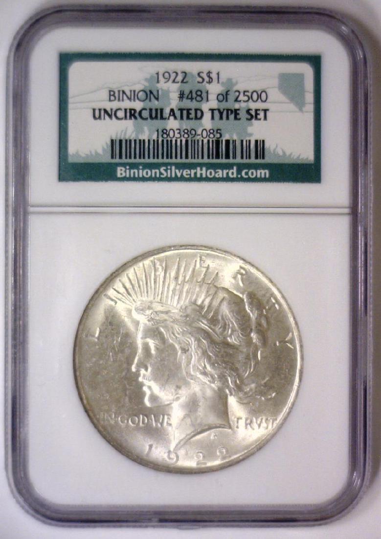 1922 Peace Silver $1 BINION COLLECTION NGC UNC (1 of 2)