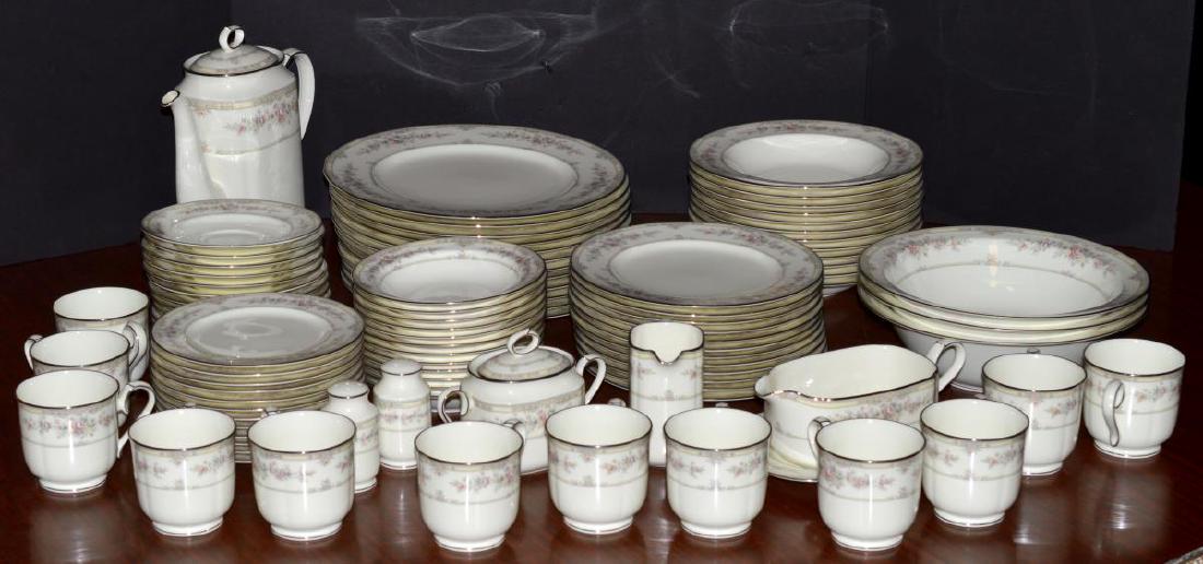 93 Pieces of Noritake " Shenandoah" China: 93 Pieces of Noritake " Shenandoah" Bone China Dinnerware. This 7-Piece Place Setting Service for 12 Includes: Dinner Plates (10 5/8"), Salad Plate (8 1/4"), Bread & Butter Plates (6 1/2"), Rim Soup B