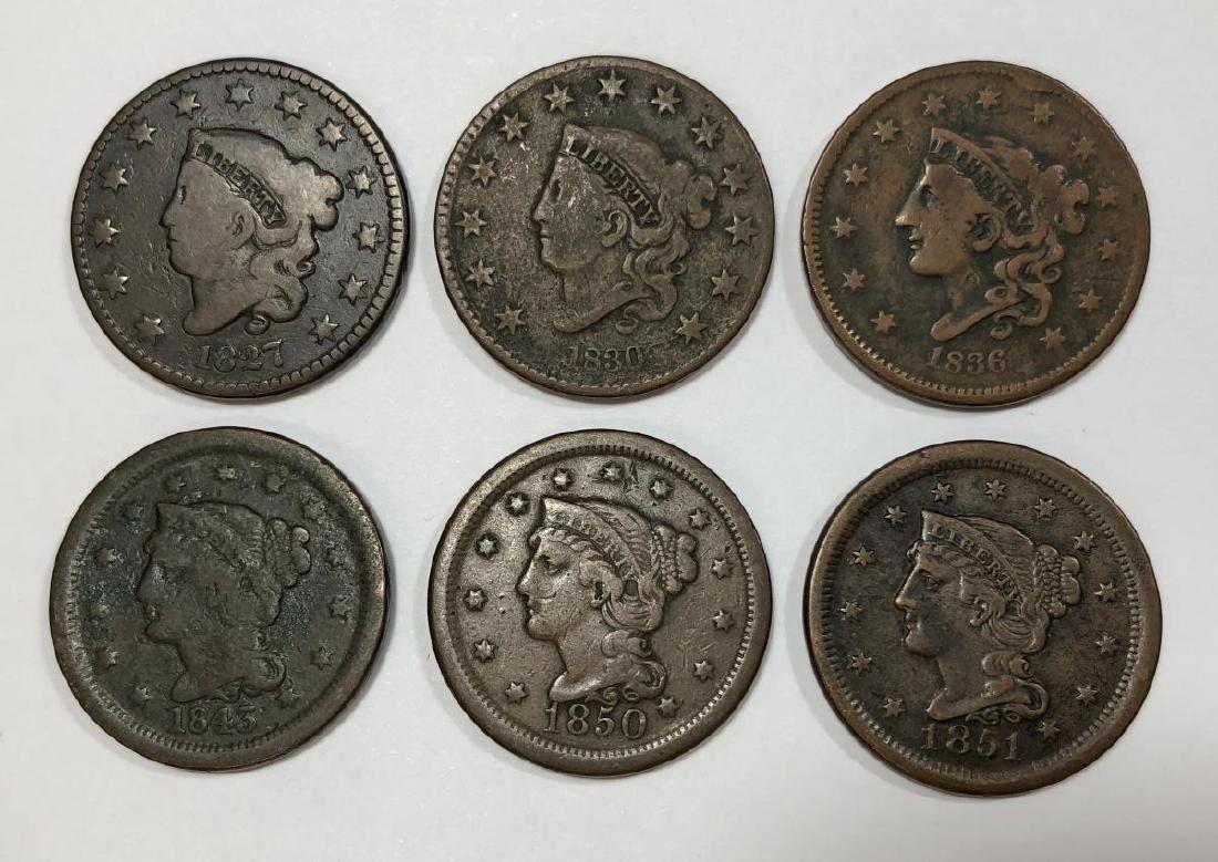 Lot of 6 Different Large Cents 1827-1851 G-VF (1 of 8)