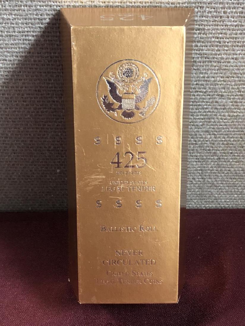 Jefferson $1 Ballistic Roll in Gold Bar Gift Box: Jefferson $1 Ballistic Roll in Gold Bar Gift Box. There are 50 Brilliant Uncirculated Thomas Jefferson Presidential dollars in this gift box shaped like a gold bar.