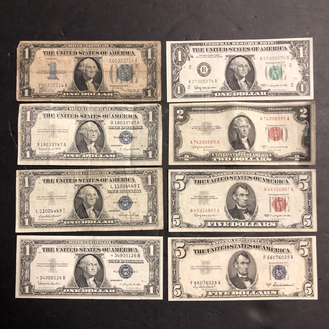 Lot of 8 Different US $1 $2 & $5 Notes w/Funnyback (1 of 4)