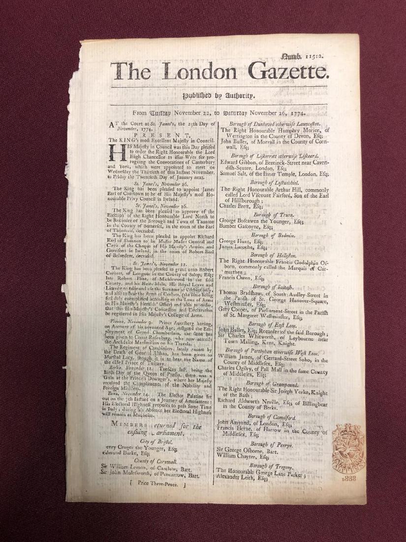 1774 The London Gazette Newspaper Colonial Era (1 of 2)