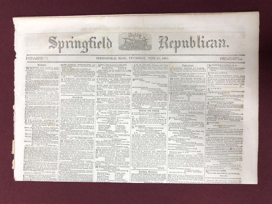 1861 Springfield Republican Civil War Newspaper (1 of 3)