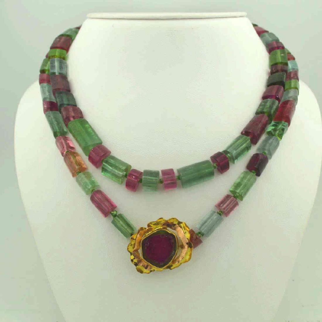 Green and pink tourmaline bead necklace (1 of 4)
