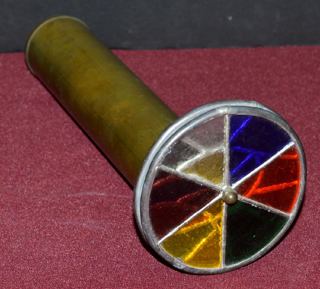 Vintage Style Brass & Stained Glass Kaleidoscope: Vintage Style Brass & Stained Glass Kaleidoscope 11" x 2" tube with a pair of 4" wheels.
