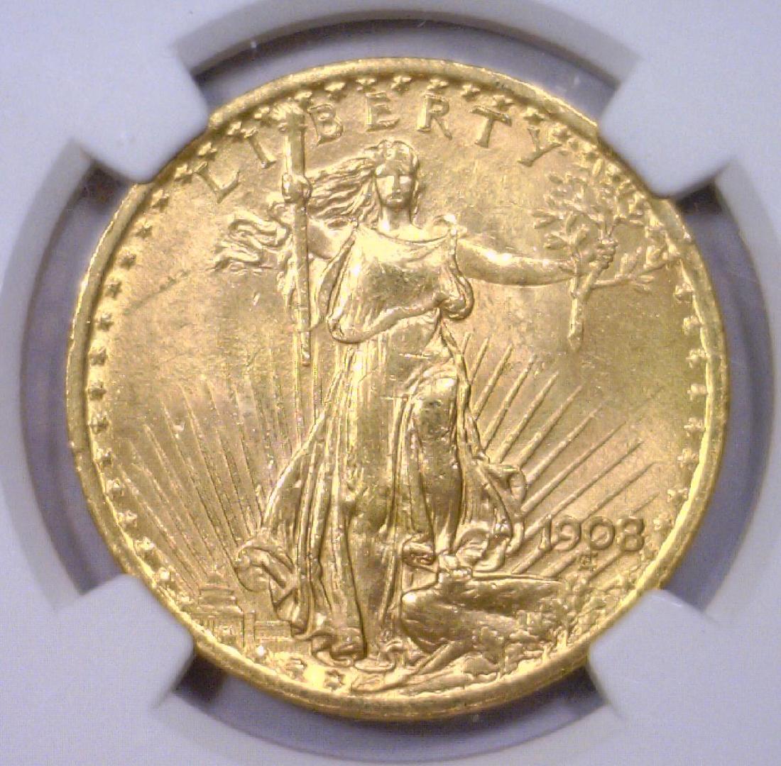 1908 $20 St. Gaudens NO MOTTO Gold NGC MS63: 1908 $20 St. Gaudens NO MOTTO Gold Double Eagle NGC MS63