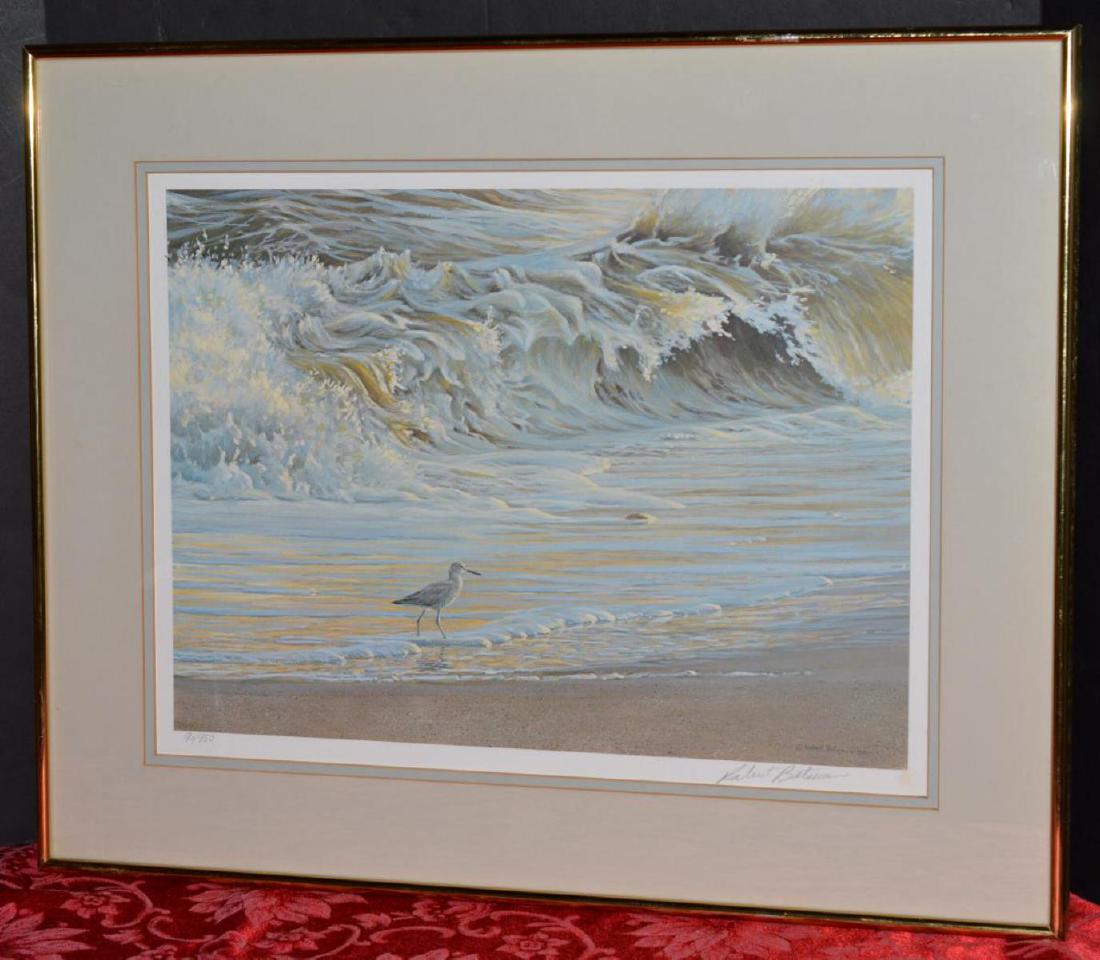"Willet on the Shore" Signed Robert Bateman Print: Limited Edition Robert Bateman framed print titled "Willet on the Shore". Signed and numbered. #91 of 950. Framed Size: 25"x21". Robert McLellan Bateman (1930- ) is a Canadian naturalist, educator, an
