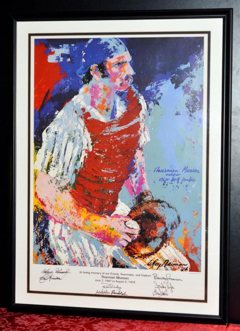 Leroy Neiman "Thurman Munson" 7 Signed Print: Leroy Neiman (American (1921-2012) "Thurman Munson" (catcher/captain, 1947-1979) Print. It is Signed by 7 of His New York Yankees Teammates. They are Rich "Goose" Gossage, Ron Guidry, Willie Randolph,