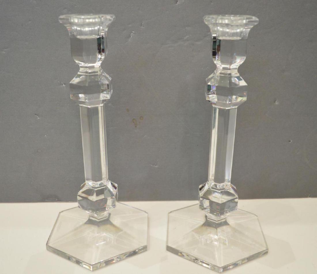 Pair Of Val St. Lambert Crystal Candle Sticks: Pair Of Val St. Lambert Crystal Candlestick Holders "Gardenia". Hexagonal form with acid stamps, 9 1/2"h.