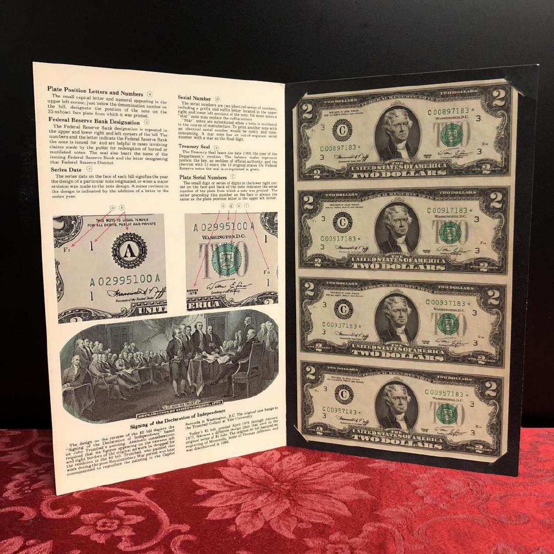 1976 $2 STAR Uncut Sheet of 4 Currency Notes: 1976 $2 STAR Uncut Sheet of 4 Currency Notes in Educational Folio. Housed in a folder folio, these 4 uncut notes are in Crisp Uncirculated condition and are STAR replacement notes.