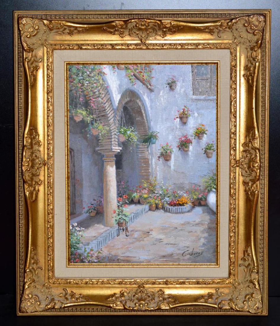 Oil on Canvas Original Painting by Manuel Cuberos: Oil on Canvas Original Painting by Manuel Cuberos [born 1933 Spain]. A colorful Mediterranean outside sidewalk or courtyard scene with brick archway and colored flowers. A bright painting in a wonderf
