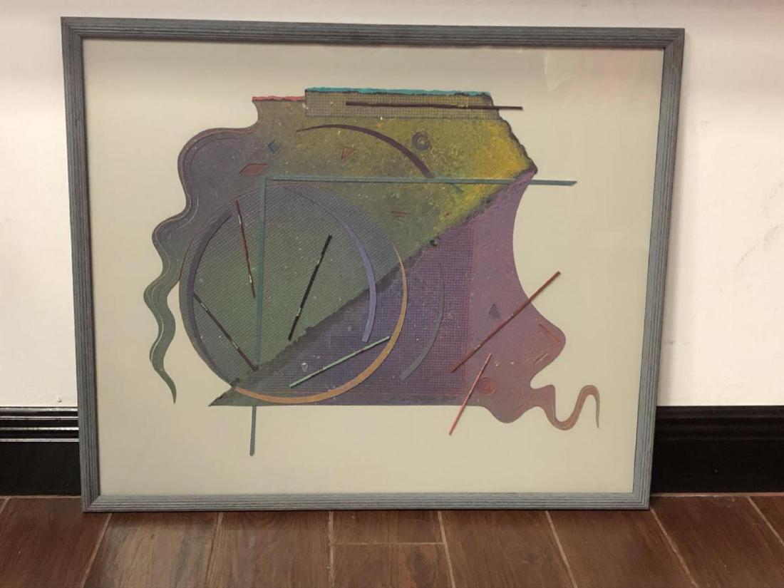 Mixed Media Abstract Paper Original by Fran Lacy: Mixed Media Abstract Paper Original by Fran Lacy Signed in the middle Fran Lacy '92. This colorful abstract encompasses layered colored paper with wood rods entwined with thin metallic wire, and other