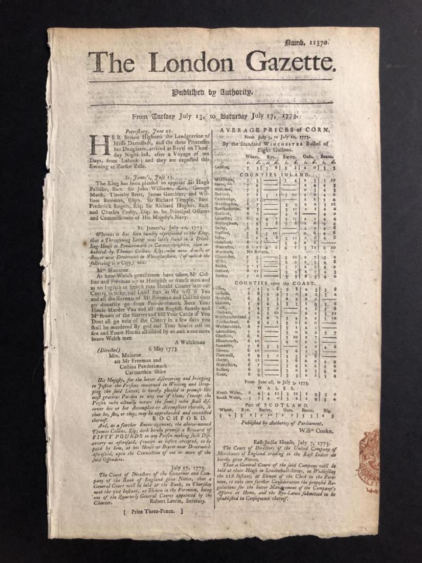 1773 The London Gazette Newspaper Colonial Era (1 of 3)