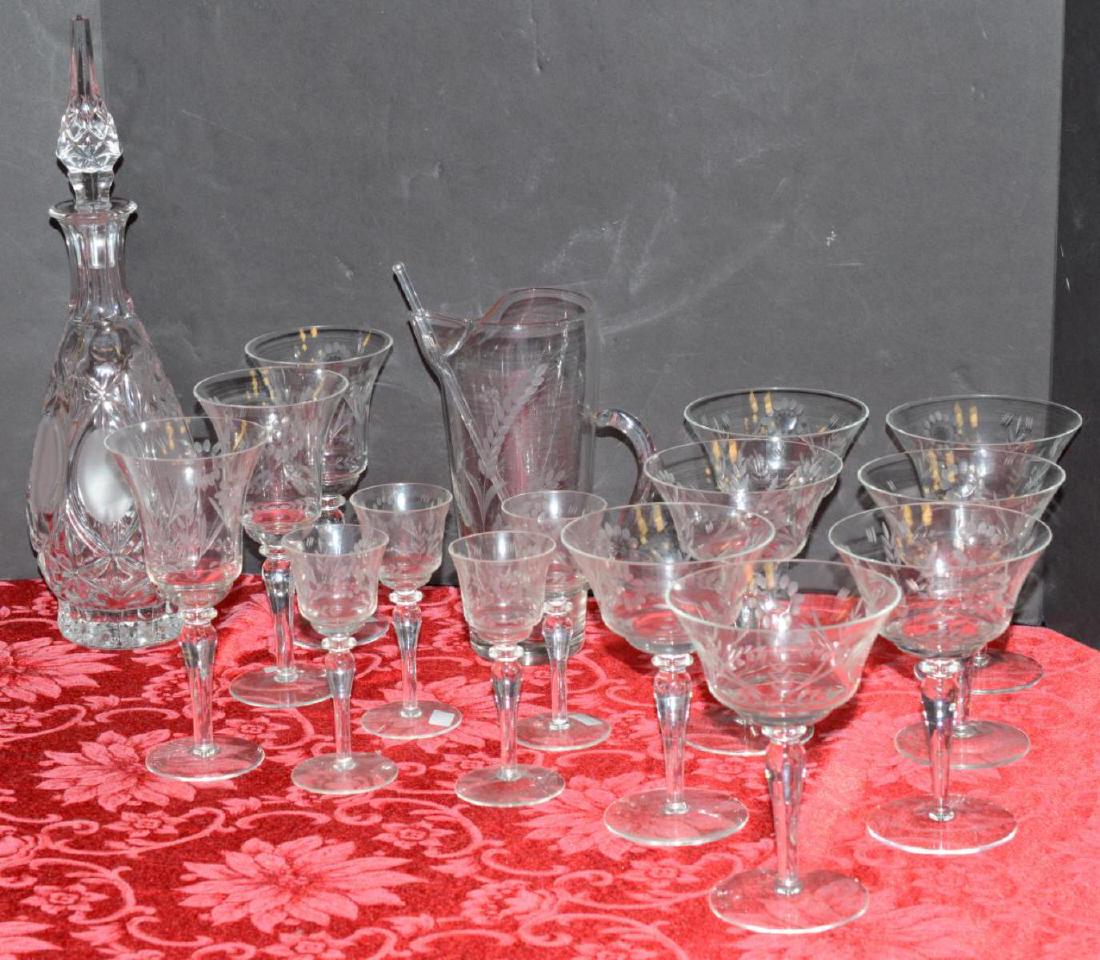 Crystal Martini Pitcher & Stir w/Stemware Decanter: Crystal martini pitcher and stirrer etched with a wheat design. 3 wine crystal stemware 7.5" tall and, 4 cordial 5.5" glasses and, 7 glasses 7.5" tall. All the stemware is wonderfully etched with a wh