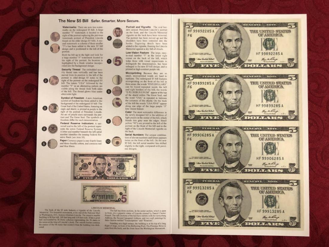 2006 $5 Uncut Sheet of 4 Currency Notes in Folder (1 of 3)