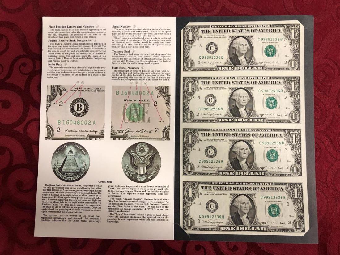 1988A $1 Uncut Sheet of 4 Currency Notes in Folder (1 of 3)