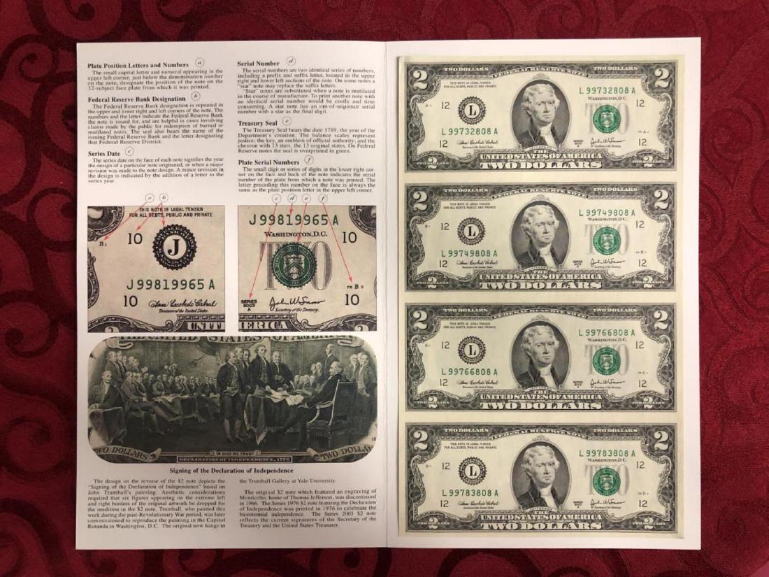 2003A $2 Uncut Sheet of 4 Currency Notes in Folder (1 of 3)