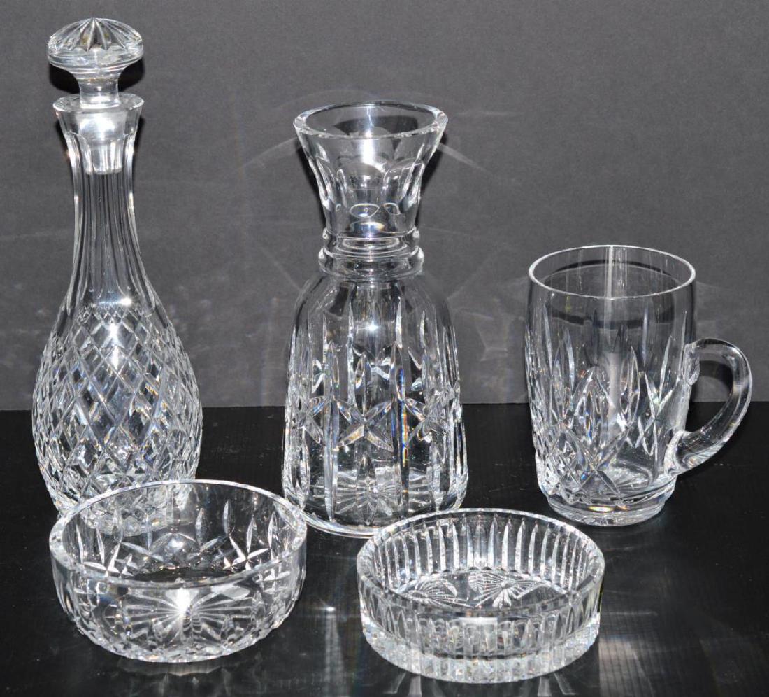 Waterford Decanter Coaster Bowl Carafe Beer Bar: Set of 5 Waterford Blown Glass Barware Pieces. Comeragh pattern cordial decanter with stopper, 11.25" tall & etched on bottom. Lismore water carafe, 9" etched on bottom, 3.25" across mouth. Lismore ha