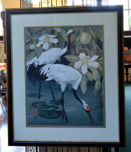 Framed & Matted Print Scared Cranes in Tropical: Framed & Matted Under Glass Print of Sacred Cranes in Tropical River by Jessie Arms Botke (American, 1883–1971). 22" x 28" & the frame is 33.25" x 39.5"