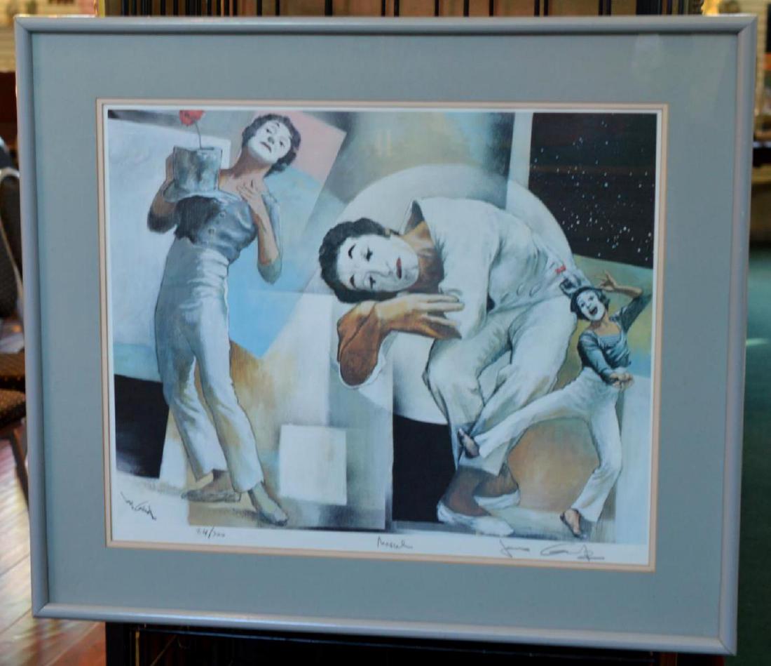 Framed Signed Numbered Print by Jonas Gerard: Framed Matted Signed Numbered Print of Marcel Marceau by Jonas Gerard It is 25" x 21" & is artist signed bottom right in pencil next to the "trucolor" embossment, and it is titled in the center bottom