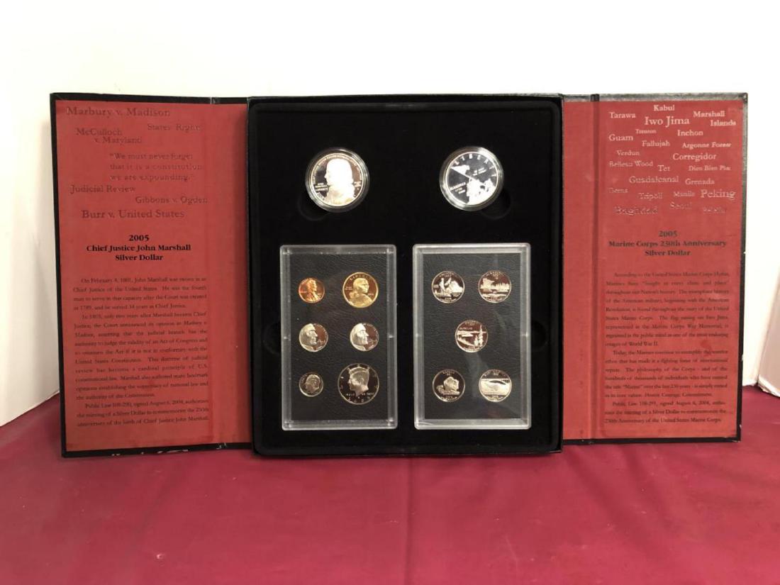 2005 US Mint American Legacy Silver Proof Set: 2005 US Mint American Legacy Silver Proof Set. Housed in a tri-fold presentation case, this set contains the silver 2005 Chief Justice John Marshall and the 2005 Marine Corps 230th Anniversary silver
