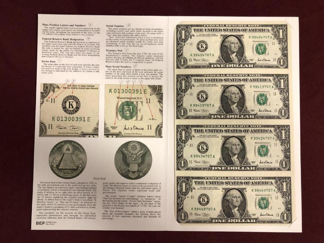 2001 $1 FRN Uncut Sheet of 4 Currency Notes (1 of 3)