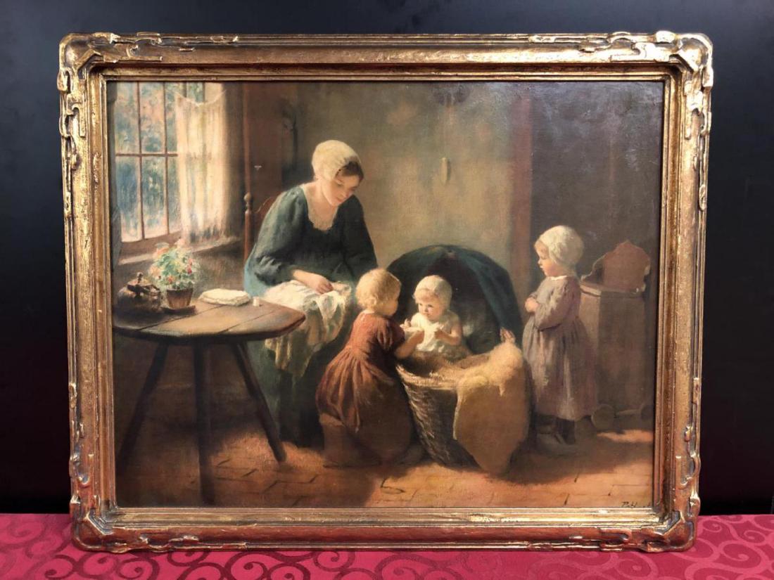 Bernard Pothast Thrice Blessed Reproduction Wood: Bernard Pothast Thrice Blessed Framed Reproduction on Wood. Gesso Duro Craft Regal Art Co. Chicago sticker on back with name and title written in black pin. Overall dimensions are 32" x 27" including