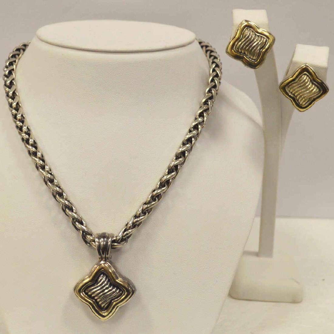 David Yurman Quatrefoil necklace and earrings: Ladies David Yurman 14kt and sterling silver quatrefoil design necklace and matching earrings featuring a 5mm wheat chain and enhancer bail on the pendant . Also includes matching earrings with omega 