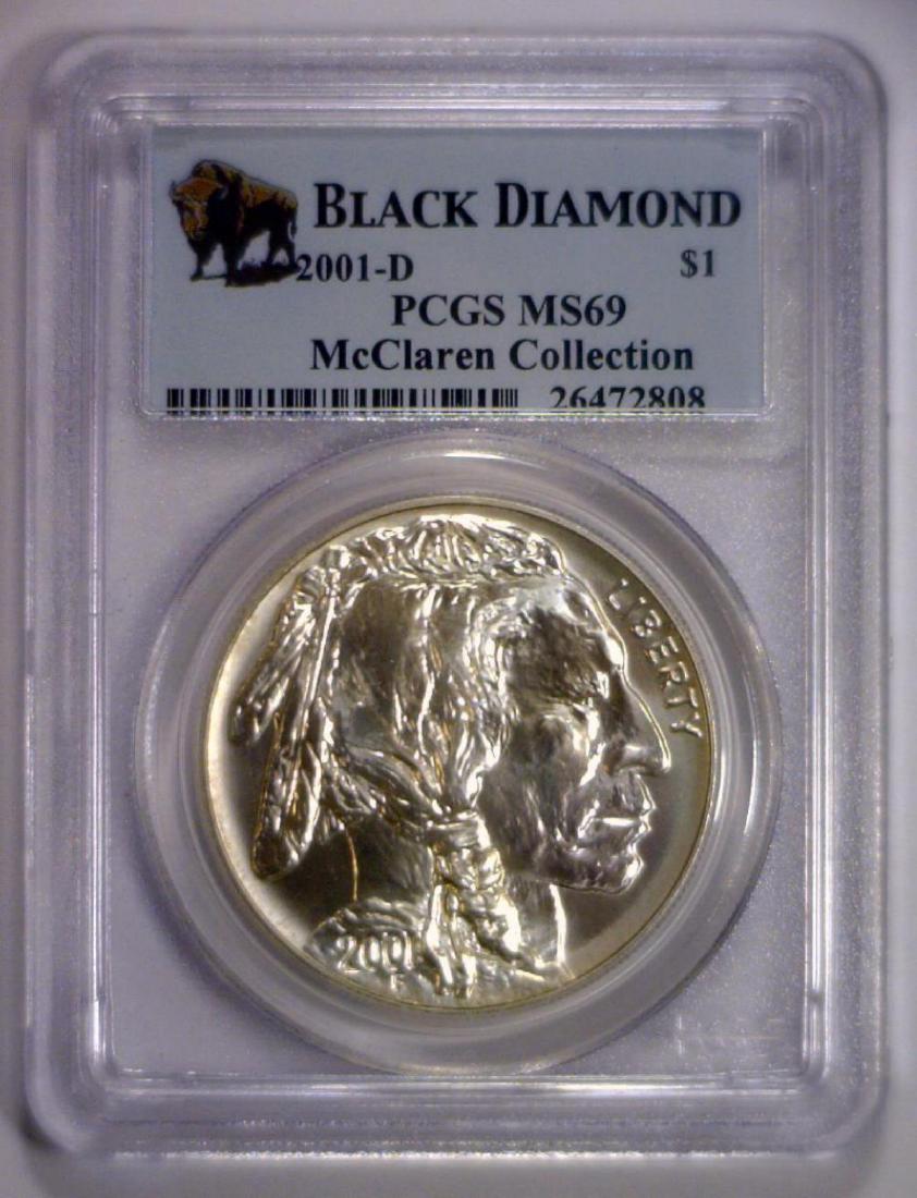 2001 Buffalo Commem. Silver $1 PCGS MS69: 2001 Buffalo Commemorative Silver $1 PCGS MS69, in the Black Diamond label holder with provenance from the McClaren Collection.