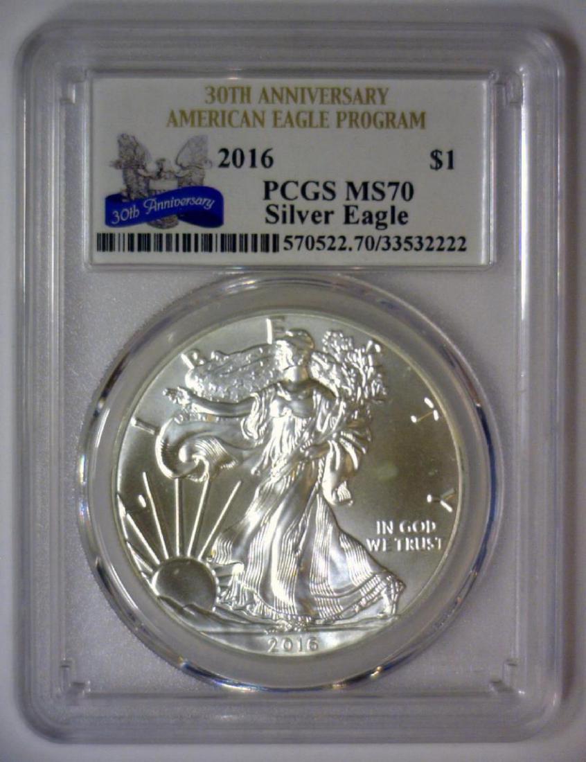 2016 Silver Eagle 30th Anniversary PCGS MS70: 2016 Silver Eagle 30th Anniversary PCGS MS70 grade perfection! This one-ounce .999 fine silver coin is the iconic silver bullion coin known world-wide. Coin is lustrous with original BU surfaces.