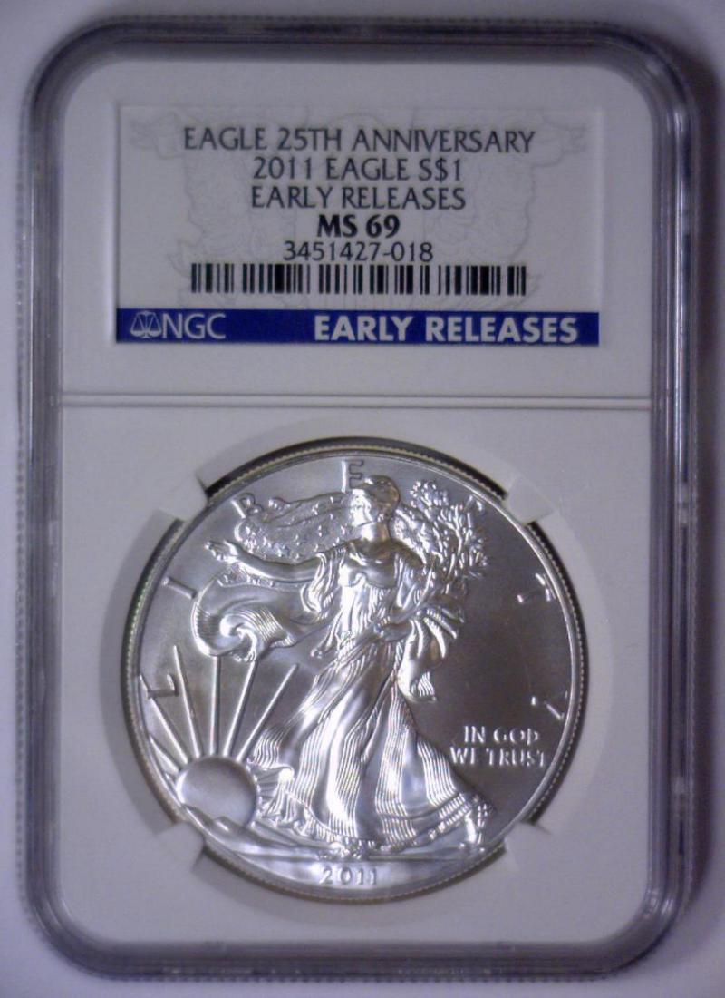 2011 Silver American Eagle NGC MS69 Early Releases: 2010 Silver American Eagle NGC MS69 25th Anniversary Early Releases. This one-ounce .999 fine silver coin is the iconic silver bullion coin known world-wide. This one is lustrous and in Brilliant Unci