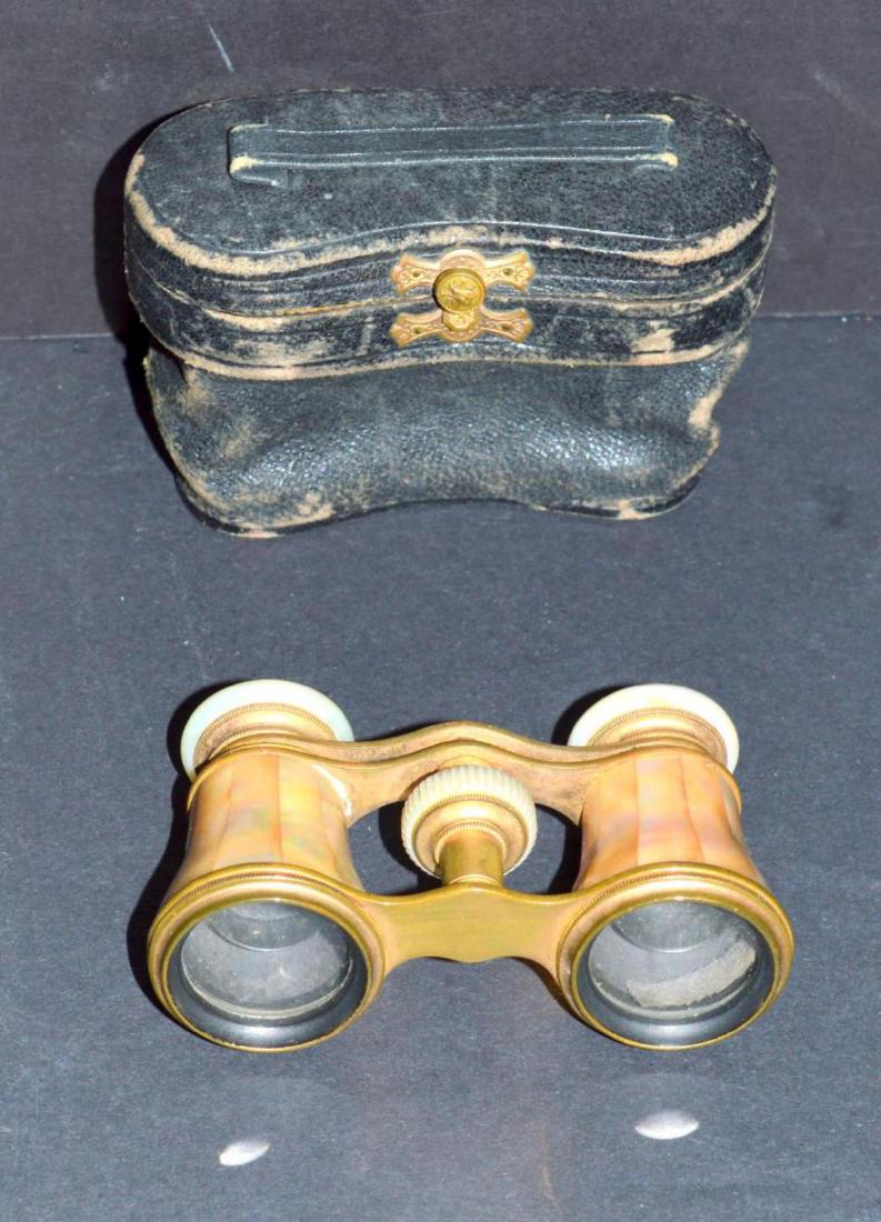 MOP Opera Glasses Binoculars Lefils Paris w/Case: Vintage French Mother of Pearl & Brass Opera Glasses Binoculars Lefils Paris with Leather Case from Schumanns Sons New York.