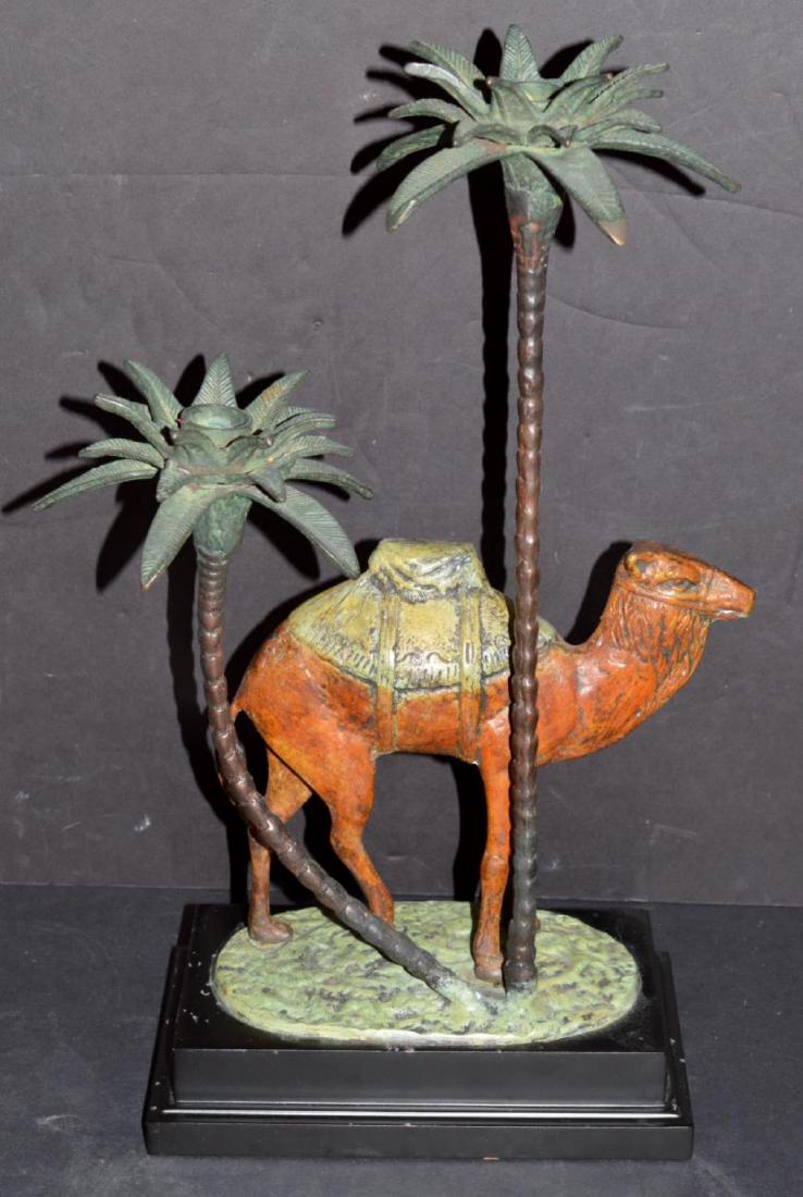 Bronze Camel Statue Double Palm Tree Candle Holder: Bronze Arabian Camel Statue/Sculpture with 2 Date Palm Tree Candlestick Holders on Black Base. Some Nicks to Black Base. Size: 8 1/2"W x 5 3/8'D x 17"H