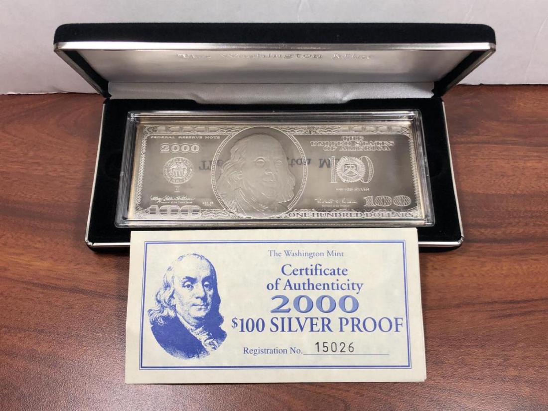 Pure Silver 4 OZ $100 Franklin Currency Note: Pure Silver 4 OZ $100 Franklin Currency Note. Housed in a hard plastic box with felt presentation case, this $100 currency note features President Benjamin Franklin and is 4 troy ounces of .999 fine s