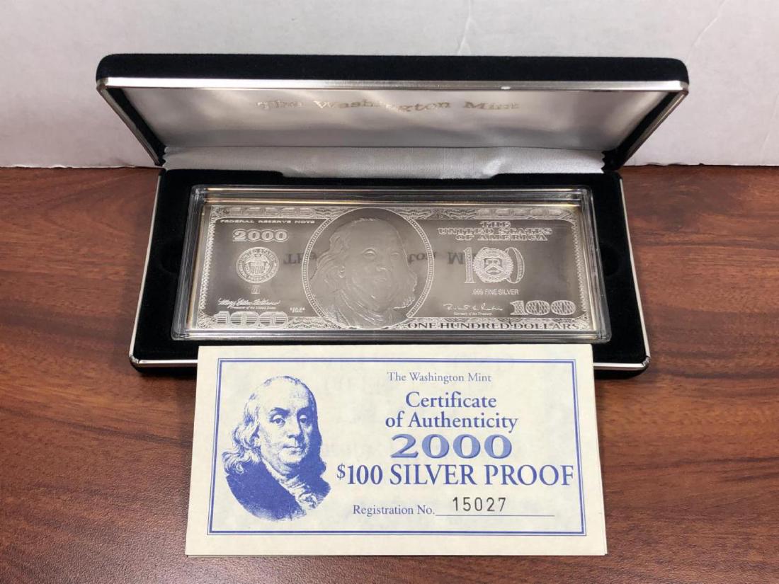 Pure Silver 4 OZ $100 Franklin Currency Note: Pure Silver 4 OZ $100 Franklin Currency Note. Housed in a hard plastic box with felt presentation case, this $100 currency note features President Benjamin Franklin and is 4 troy ounces of .999 fine s