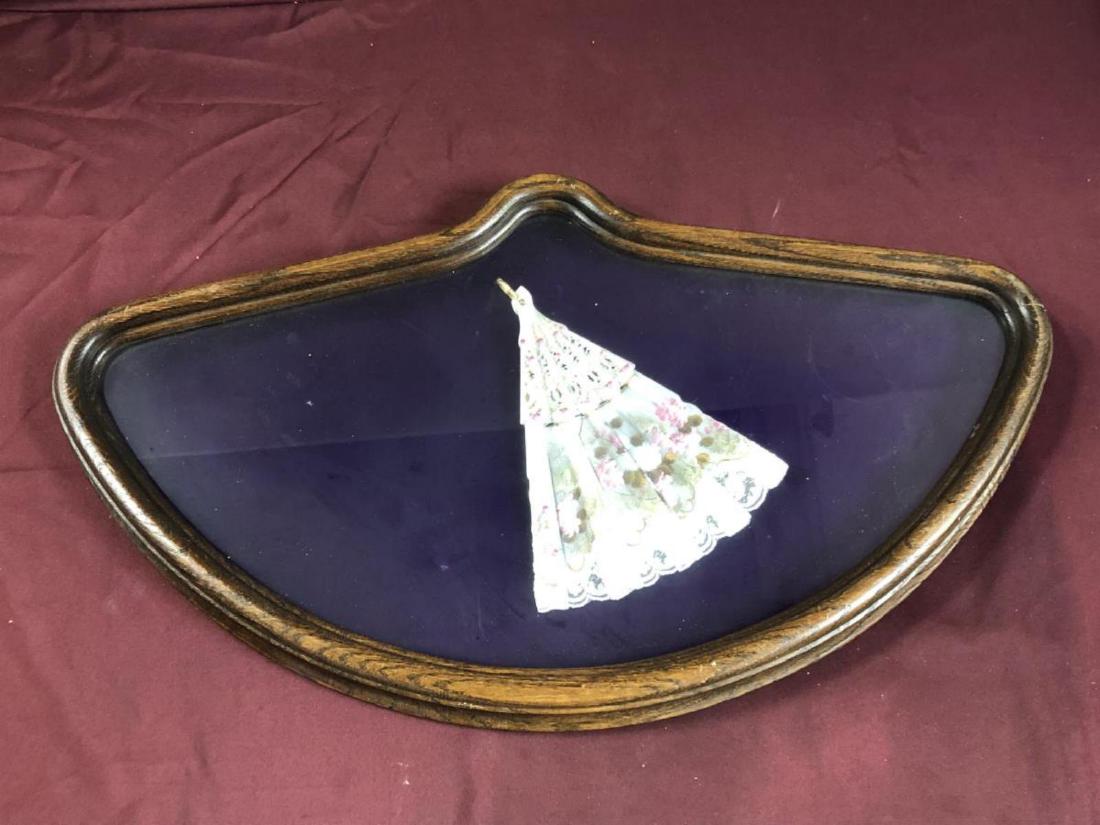 Vintage Oak Shadow Box Asian Folding Hand Fan: Vintage Oak & Glass Shadow Box with Folding Hand Fan. The Collapsing Hand Fan has a White Fancy Handle that is 8.75" Long with a Gold Tone Loop & Gold Highlights with Pink & Silver Flower Accents. The
