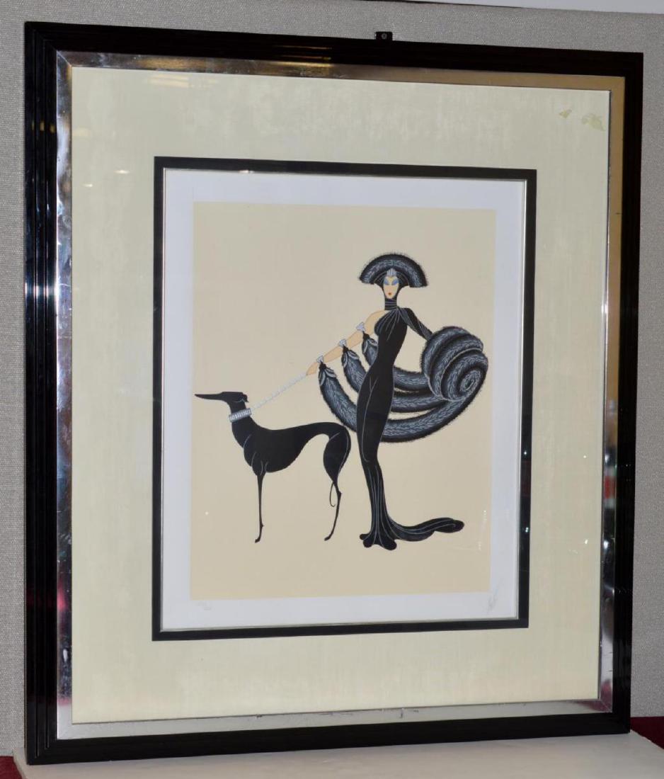 Erte "Symphony In Black" Serigraph Signed Numbered: Romain de Tirtoff, Better Known as Erte (Russian/French 1892-1990) "Symphony In Black" Framed Under Glass Serigraph. Fashion Illustration of a Woman in Black Walking a Black Greyhound. Signed Lower Ri
