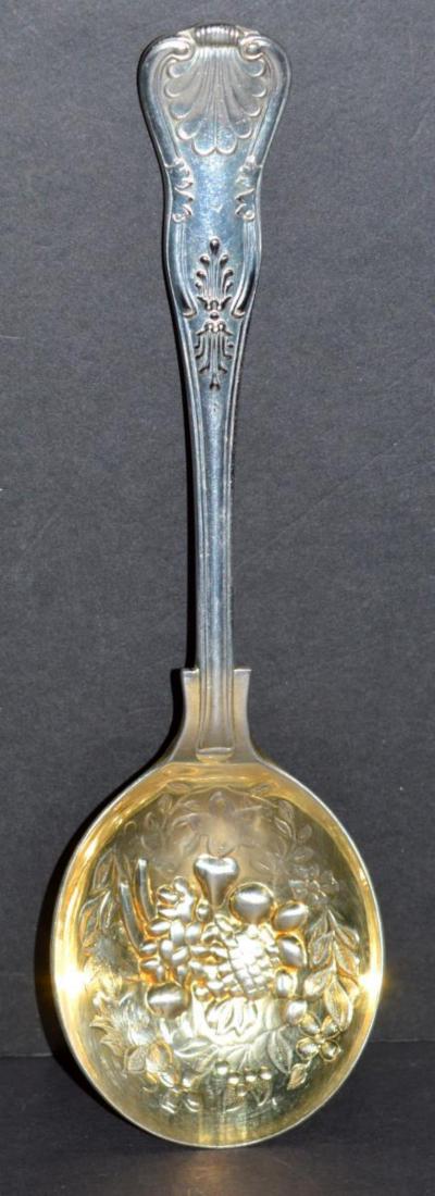 Large Sheffield Fancy Spoon w/Fruit Basket Pattern: Large Sheffield Fancy Round Bowled Spoon with Raised Fruit & Berry Basket Pattern. Electroplated nickel steel. 9" long & 2.75" wide. One of the "Kings" patterns (A1). A great addition to any set.