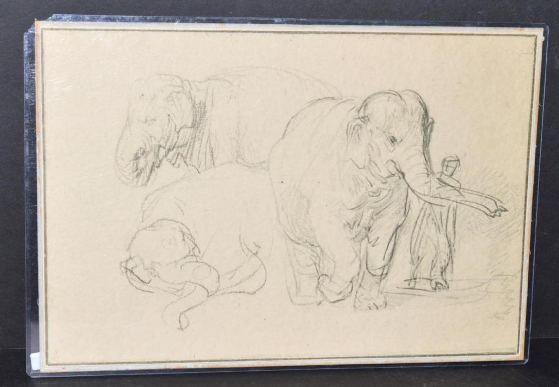 Rembrandt Study of Elephants Blindstamp Facsimile: After Rembrandt (Dutch, 1606 - 1669) Drawing print on paper on canvas. "Three Studies of an Elephant," lithograph, 20th century, with facsimile blindstamp lower left. This reproduction was likely prod