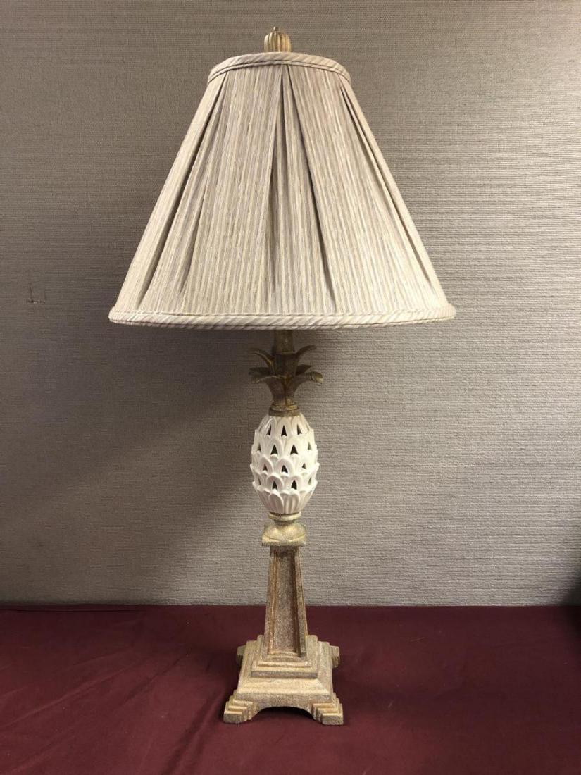 Metal & Ceramic Quoizel Lenox Table Lamp w Shade: Metal & Ceramic Electric Table Lamp with Shade. This Quoizel Lenox lamp has a ivory colored porcelain pineapple center. The lamp is 23" to the top of the socket & 32" to the finial topper. It has a br