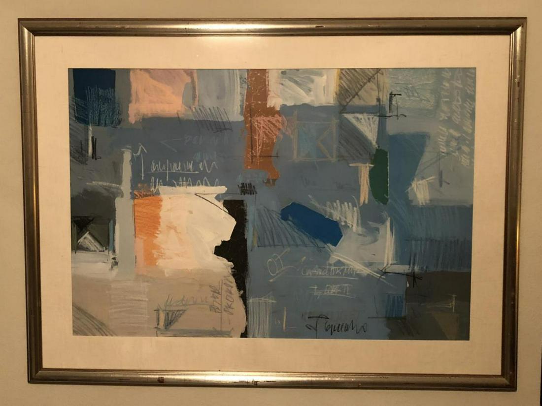 Large Framed Colorful Modern Abstract Lithograph: Large Framed Colorful Modern Abstract Lithograph in style of Robert Rauschenberg. An interesting composition in the style of Rauschenberg. Depicts a mix of modern art and abstract expressionism. Distr