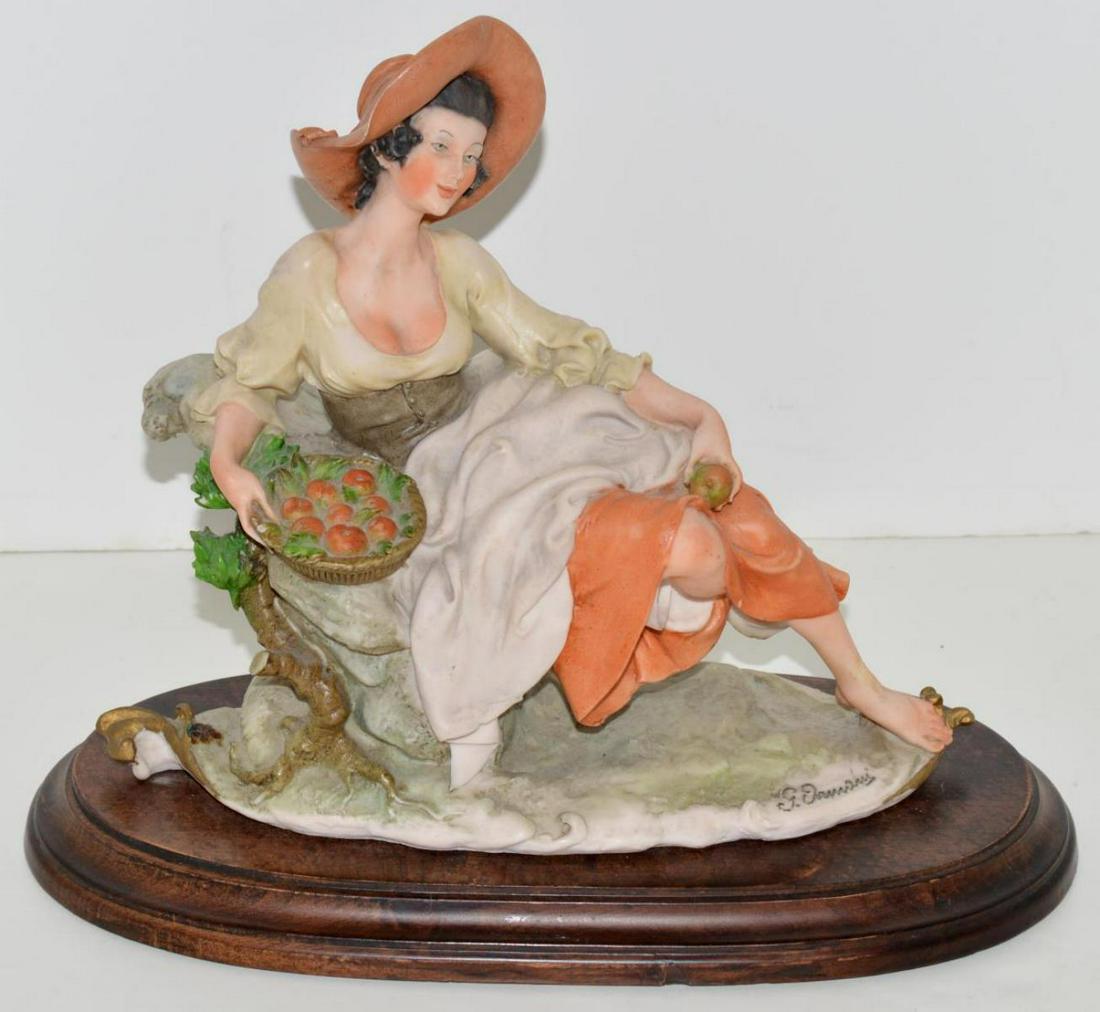 Armani Figurine Capodimonte Girl with Apple Basket: Vintage Signed Giuseppe Armani Capodimonte Figurine Titled "Girl with Apple Basket". Depicting a Girl Sitting on a Tree Stump Holding a Basket of Apples. Base Size: