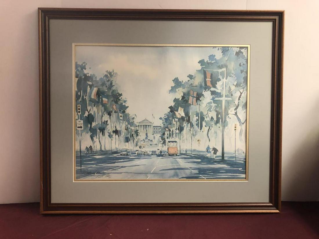 Howard Watson Ben Franklin Pkwy Framed S/N Print: Howard Watson "Benjamin Franklin Parkway - Philadelphia" Framed signed & numbered limited edition print #30 of 30. This watercolor depicts the famous scenic Ben Franklin Parkway in Philadelphia. Wood 