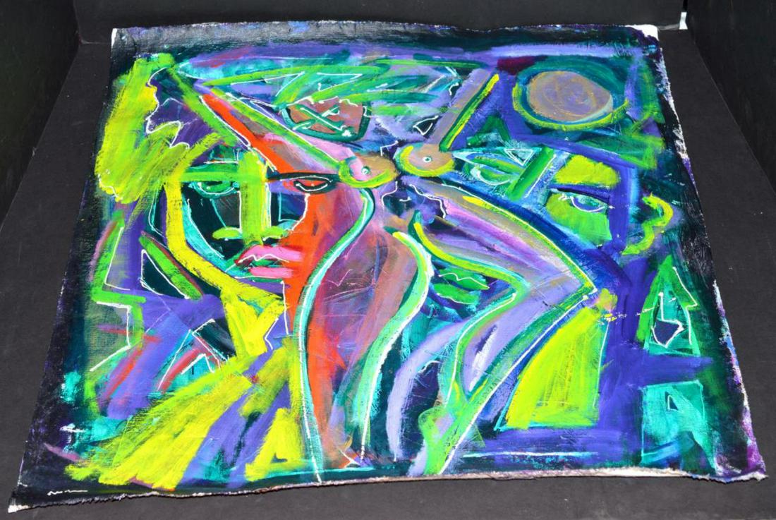 Neith Nevelson Orig Oil on Canvas Signed Painting: An Original Oil on Canvas Artist Signed Painting from Neith Nevelson (1946- NY, Coconut Grove Florida). A vividly colored original unframed painting of a female nude & faces titled "Sometimes You Want