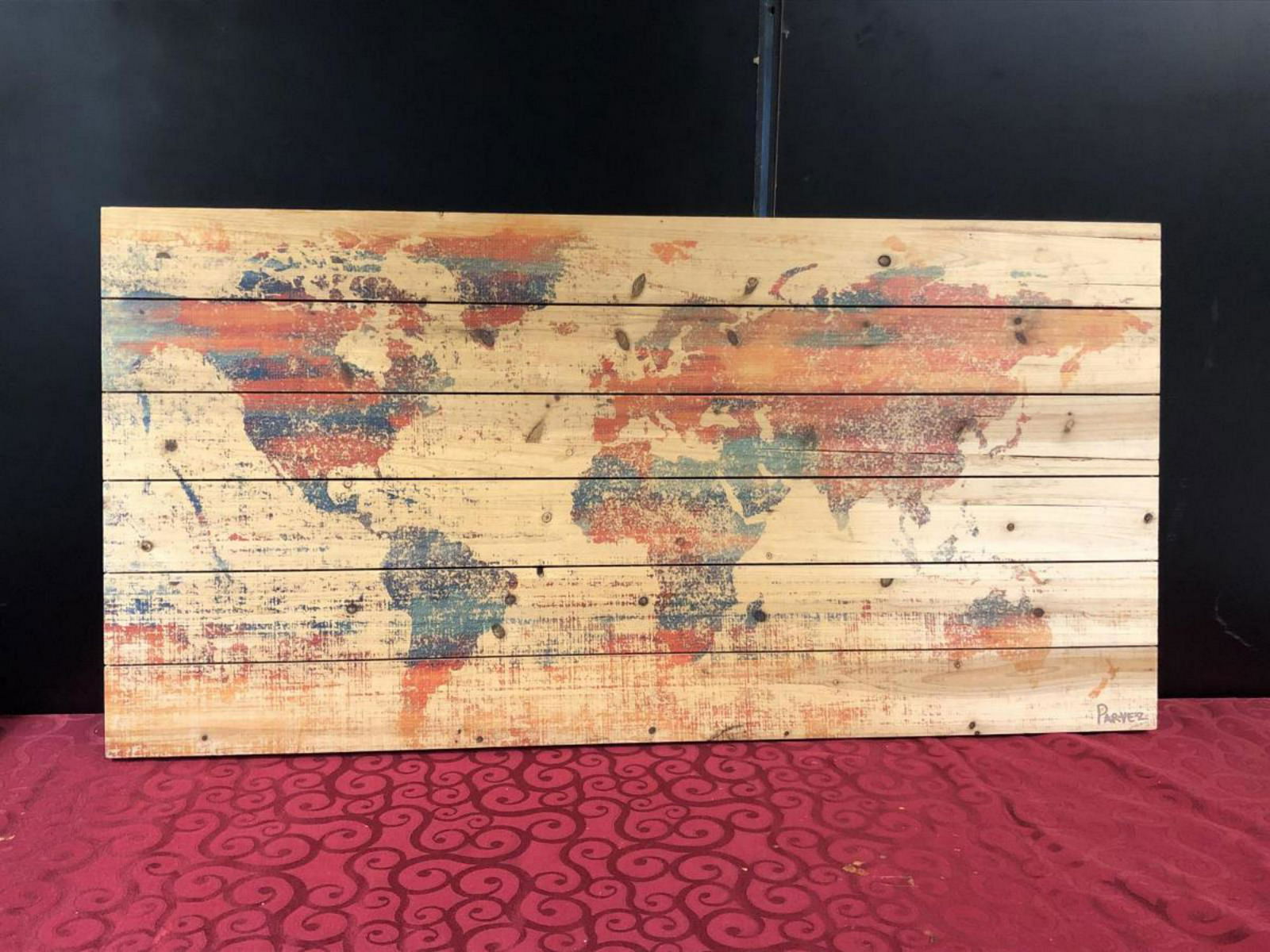 Warm World Wood Plank Art by Parvez Taj: Titled "Warm World", this piece is a wood plank artwork by Parvez Taj, a Canadian-born artist and entrepreneur based in Los Angeles, California who is associated with pioneering UV-cured inks as a fin