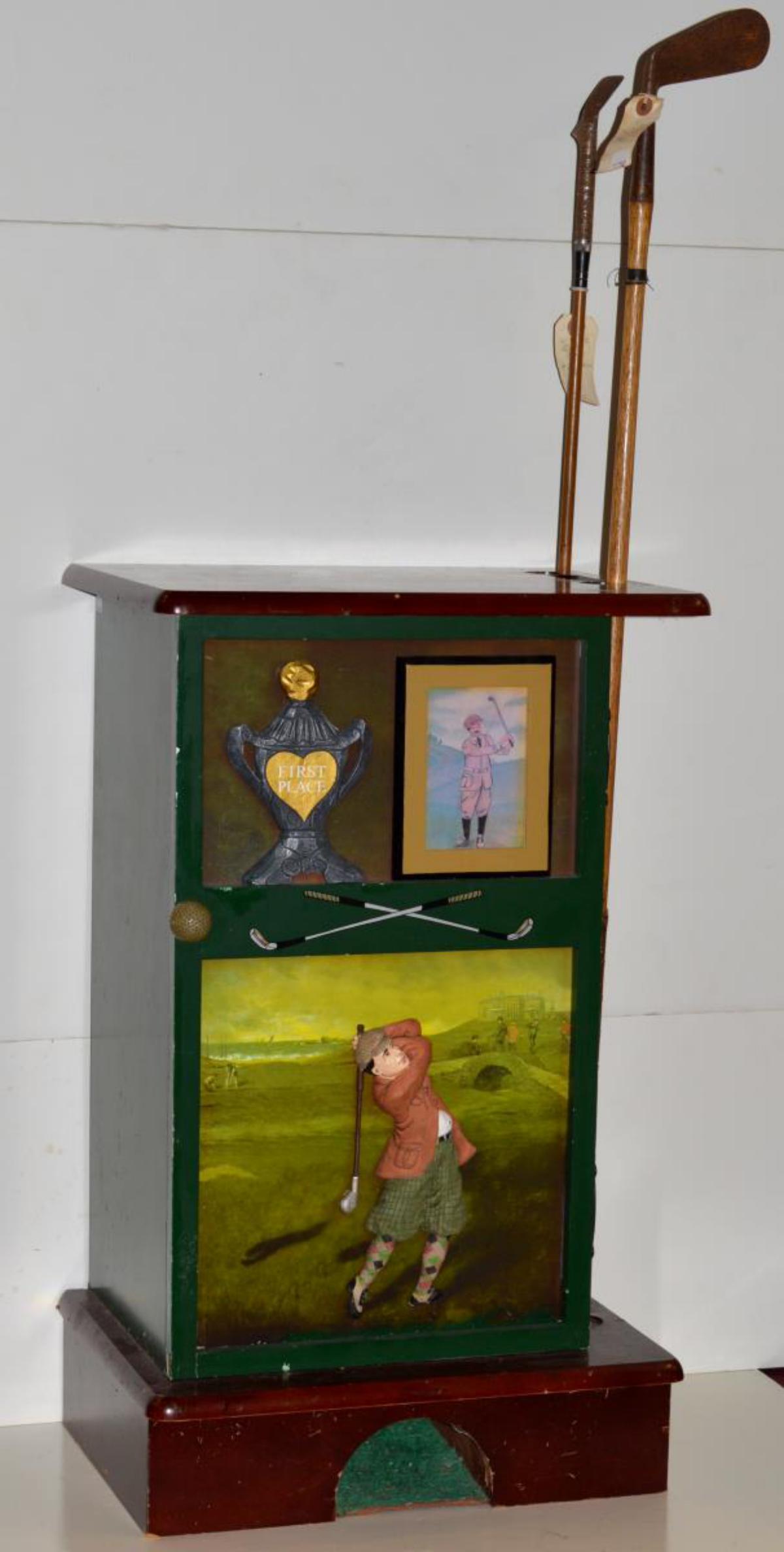 Vintage Golf Clubs & Pub Table with Club Holders: Powell Golf Club Pub Table with Club Holders. This bar table is 26.25" tall & 16.25" wide & 12" deep. It is vintage golf theme with a hinged door to cover the 3 compartment interior. It has two club h